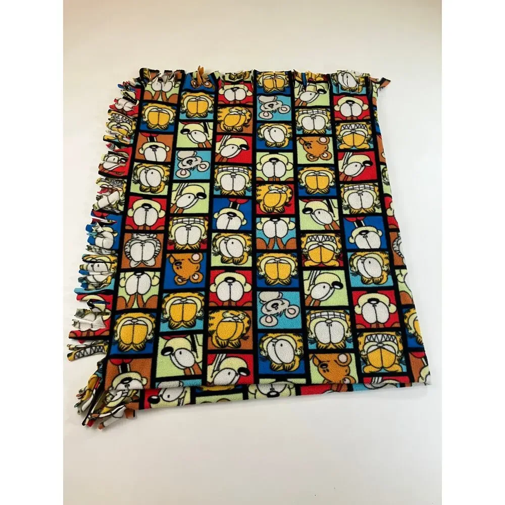 Garfield Odie Fleece Throw Blanket Multicolor Comic Character Grid Fringe 52x60